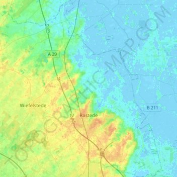 Mapa topográfico Rastede, altitud, relieve