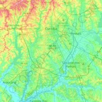 Mapa topográfico Curitiba, altitud, relieve