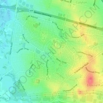 Mapa topográfico St Clair, altitud, relieve