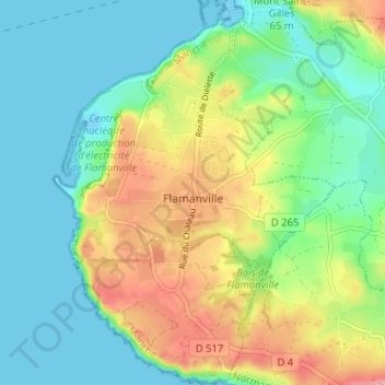 Mapa topográfico Flamanville, altitud, relieve