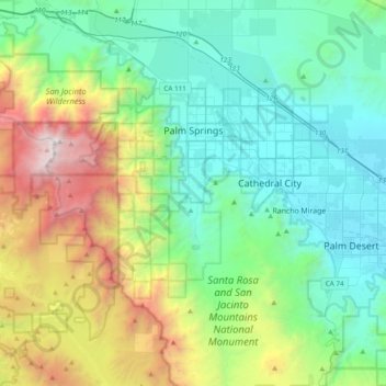 Mapa topográfico Palm Springs, altitud, relieve