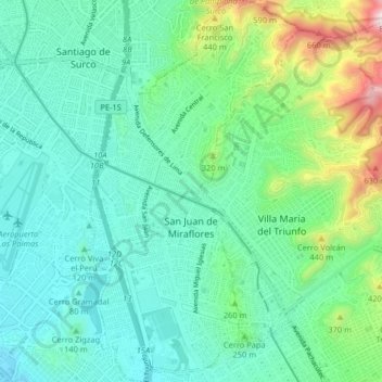 Mapa topográfico San Juan de Miraflores, altitud, relieve