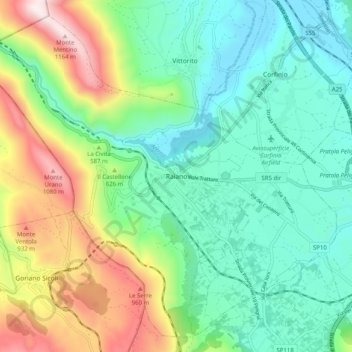 Mapa topográfico Raiano, altitud, relieve
