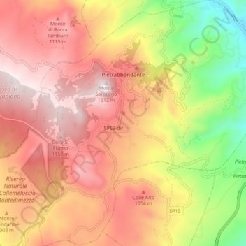 Mapa topográfico Pietrabbondante, altitud, relieve
