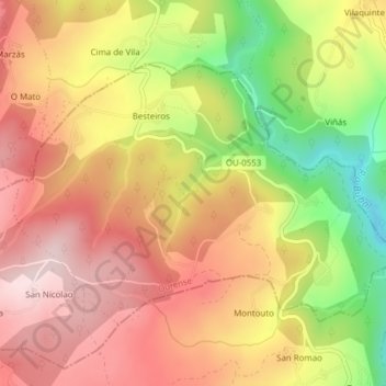 Mapa topográfico O Souto, altitud, relieve