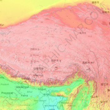 Mapa topográfico Tibet, altitud, relieve