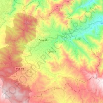 Mapa topográfico Aquixtla, altitud, relieve
