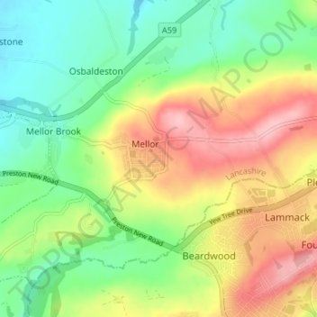 Mapa topográfico Mellor, altitud, relieve