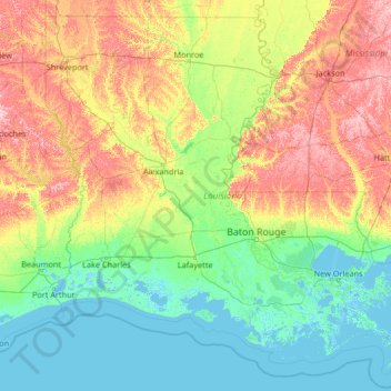 Mapa topográfico Louisiana, altitud, relieve