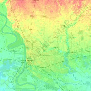 Mapa topográfico East Baton Rouge Parish, altitud, relieve