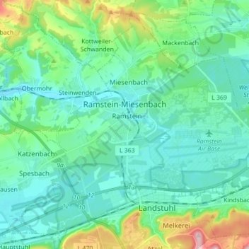 Mapa topográfico Ramstein-Miesenbach, altitud, relieve