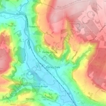 Mapa topográfico Darley Dale, altitud, relieve