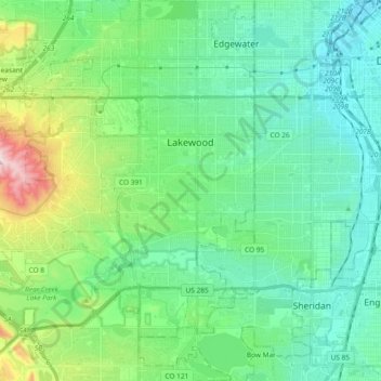 Mapa topográfico Lakewood, altitud, relieve