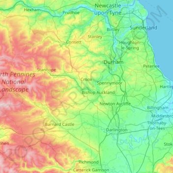 Mapa topográfico County Durham, altitud, relieve