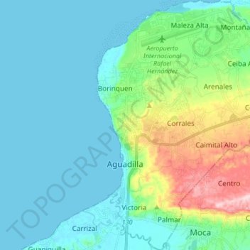 Mapa topográfico Aguadilla, altitud, relieve
