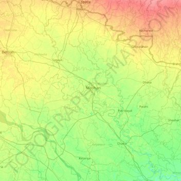 Mapa topográfico East Champaran District, altitud, relieve