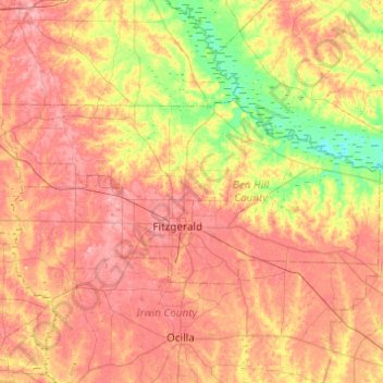 Mapa topográfico Ben Hill County, altitud, relieve