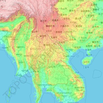 Mapa topográfico Mekong, altitud, relieve