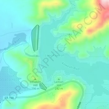 Mapa topográfico Lake Kaweah, altitud, relieve