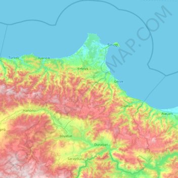 Mapa topográfico Sinope, altitud, relieve