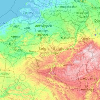 Mapa topográfico Bélgica, altitud, relieve