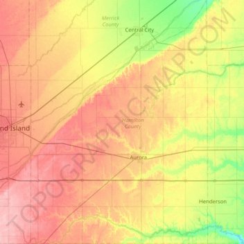 Mapa topográfico Hamilton County, altitud, relieve