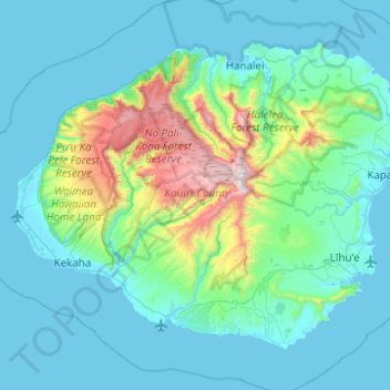 Mapa topográfico Kauaʻi, altitud, relieve