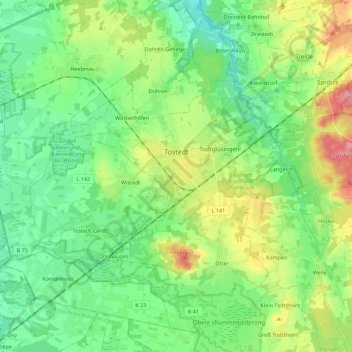 Mapa topográfico Tostedt, altitud, relieve