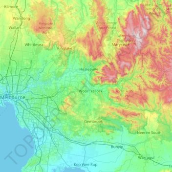 Mapa topográfico Yarra River, altitud, relieve