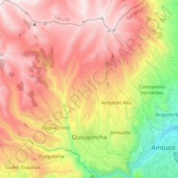 Mapa topográfico Quisapincha, altitud, relieve