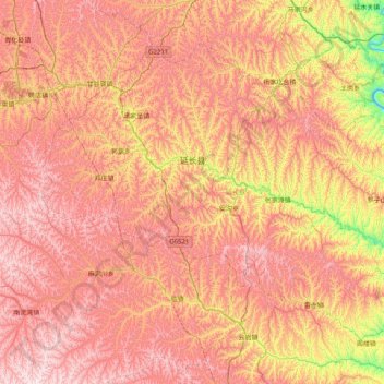 Mapa topográfico Yanchang, altitud, relieve