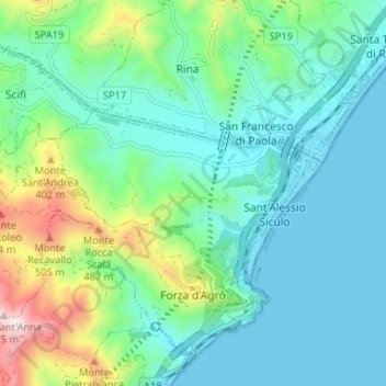 Mapa topográfico Forza d'Agrò, altitud, relieve