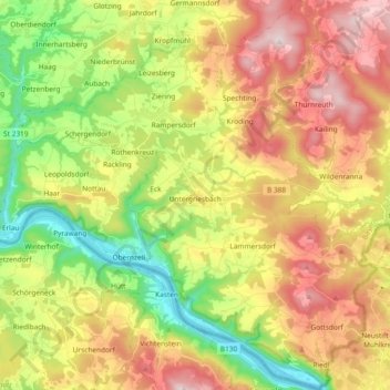 Mapa topográfico Untergriesbach, altitud, relieve