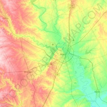 Mapa topográfico McLennan County, altitud, relieve