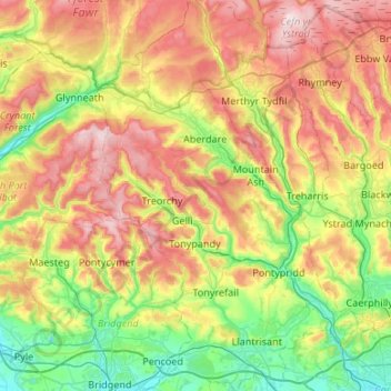 Mapa topográfico Rhondda Cynon Taf, altitud, relieve