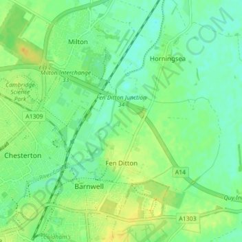 Mapa topográfico Fen Ditton, altitud, relieve