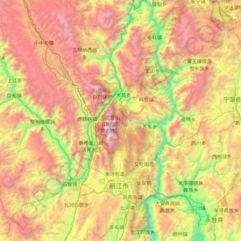 Mapa topográfico Yulong, altitud, relieve