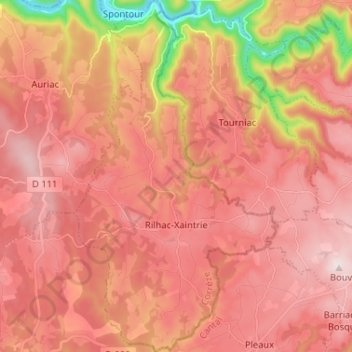 Mapa topográfico Rilhac-Xaintrie, altitud, relieve