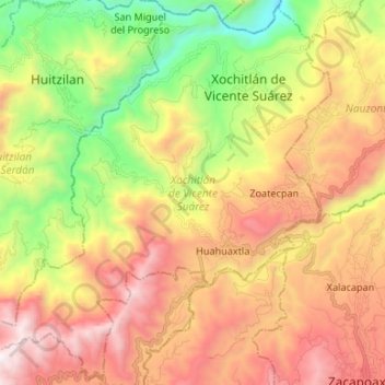 Mapa topográfico Xochitlán de Vicente Suárez, altitud, relieve