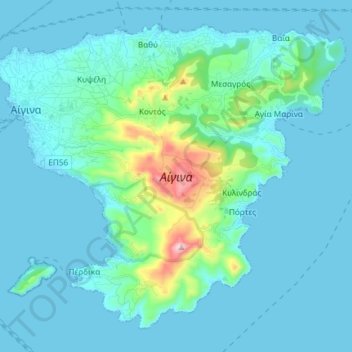 Mapa topográfico Aegina, altitud, relieve