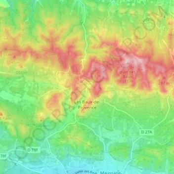 Mapa topográfico Les Baux-de-Provence, altitud, relieve