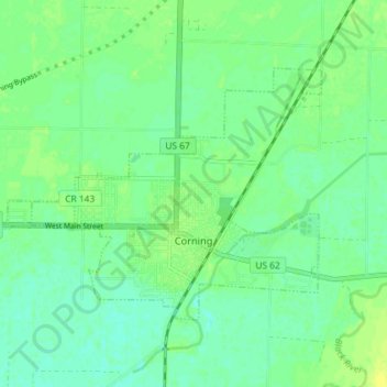 Mapa topográfico Corning, altitud, relieve