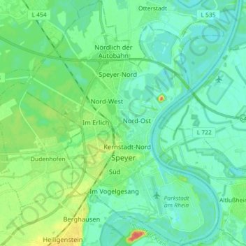 Mapa topográfico Speyer, altitud, relieve