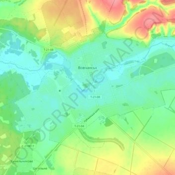 Mapa topográfico Volchansk, altitud, relieve