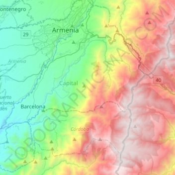 Mapa topográfico Calarcá, altitud, relieve