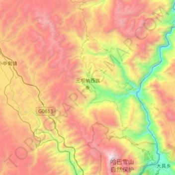 Mapa topográfico 三坝纳西族乡, altitud, relieve