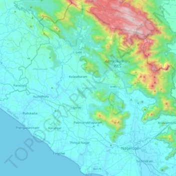 Mapa topográfico Kalkulam, altitud, relieve