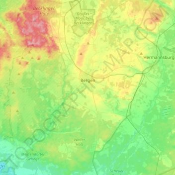 Mapa topográfico Bergen, altitud, relieve