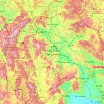 Mapa topográfico Macedonia del Norte, altitud, relieve