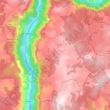 Mapa topográfico Les Vignes, altitud, relieve